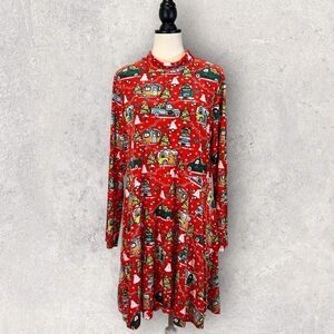 Born Famous Ugly Christmas Sweater Dress Red Long Sleeve Fit & Flare Size XXL